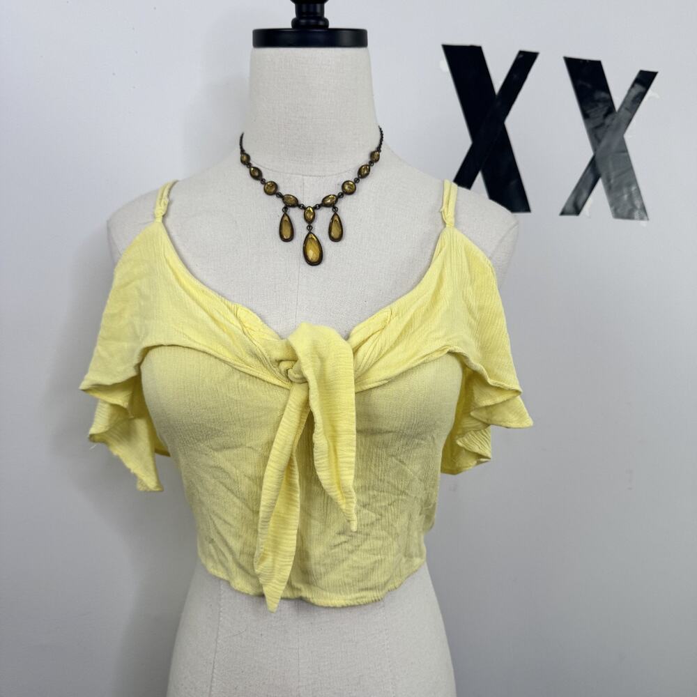 Y2K Yellow Cold Shoulder Ruffle Crop Top Tie Front Flutter Sleeve S